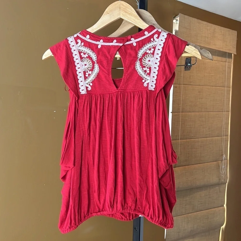 Free People Dos Segundos Red Embroidered Boho Top Size XS